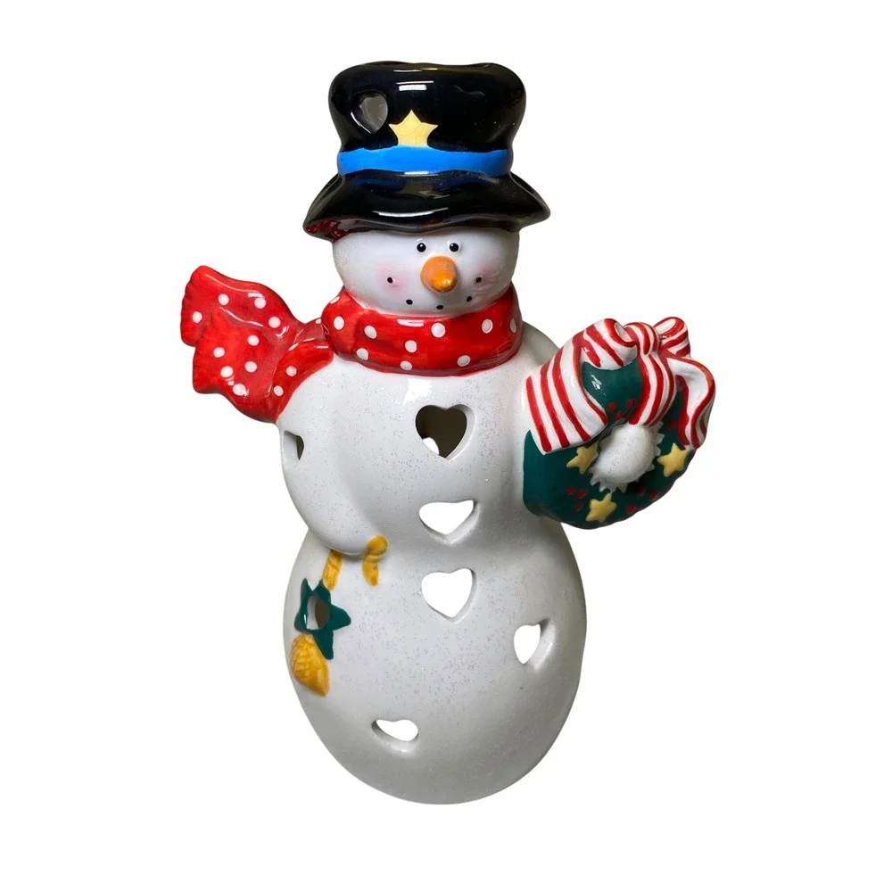 Hallmark Snowman Christmas Tealight Candle Holder Wreath Scarf 7 Inch
